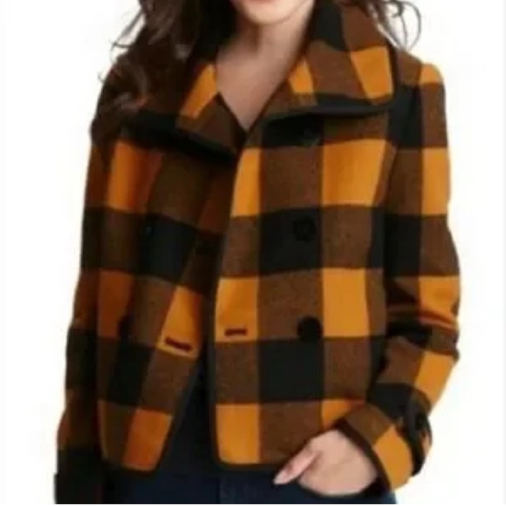 Loft Burnt Orange Buffalo Plaid Wool Blend Double Breasted Peacoat Size XS